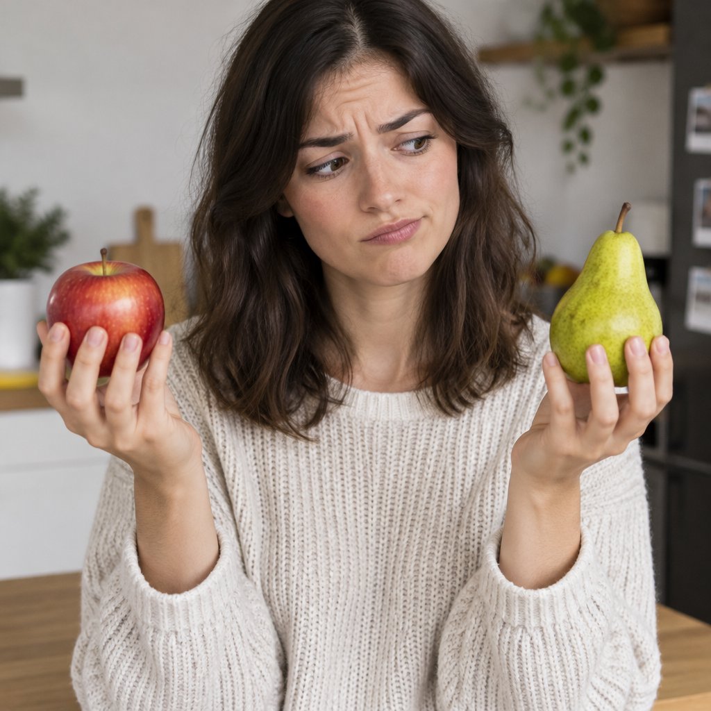 Une femme hésite entre une pomme rouge et une poire verte, une dans chaque main
