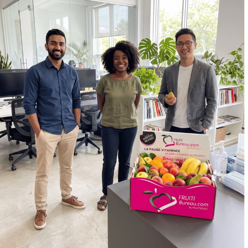 Trois collègues souriants posent devant une caisse de fruits Fruitibureau dans un bureau lumineux